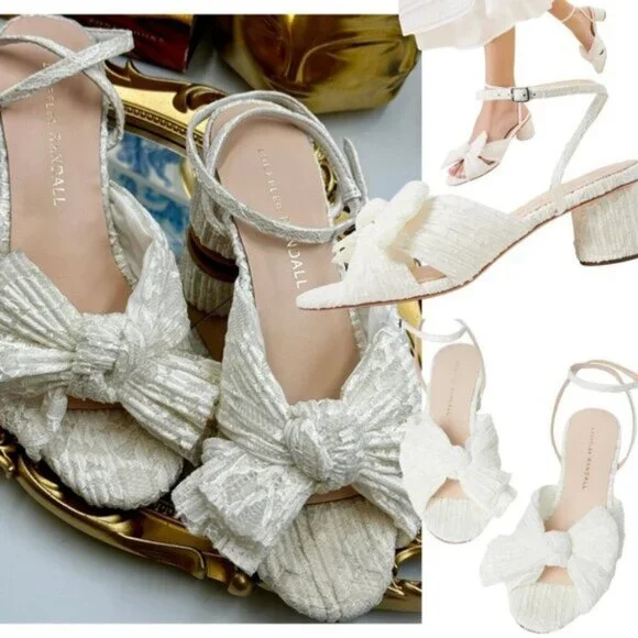 🆕 LOEFFLER RANDALL 🧿 NWOT Dahlia White Lace Bow Mid Heel, Sz 6 - Picture 1 of 15